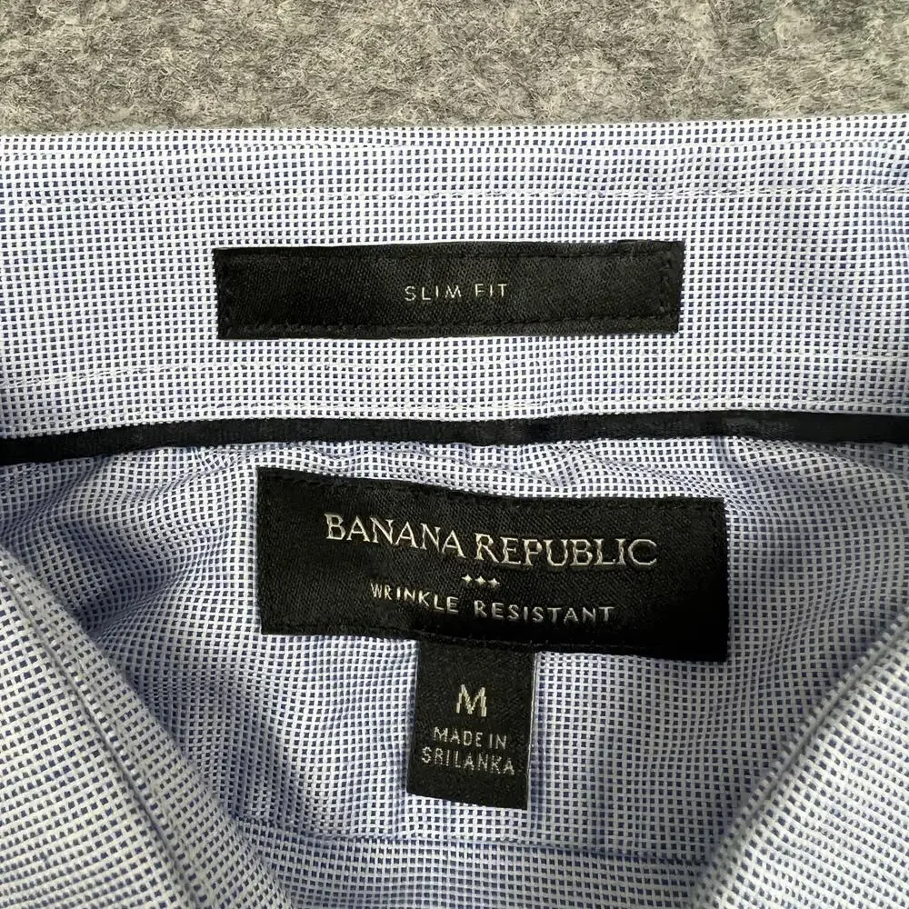 Banana Republic Dress Shirt Mens M Blue Check Slim Fit Wrinkle Resistant Career
